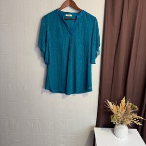 Timeson Size L Teal Blue Sheer Lace Overlay Flutter Sleeve Top